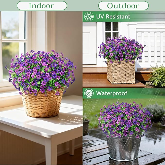 Artificial Flowers for Outdoors 12 Bundles Fake Plants Spring Home Decoration, Realistic Faux Flower Silk Daisy with Eucalyptus Stem UV Resistant Patio Planter Porch Yard Window (Double Purple)