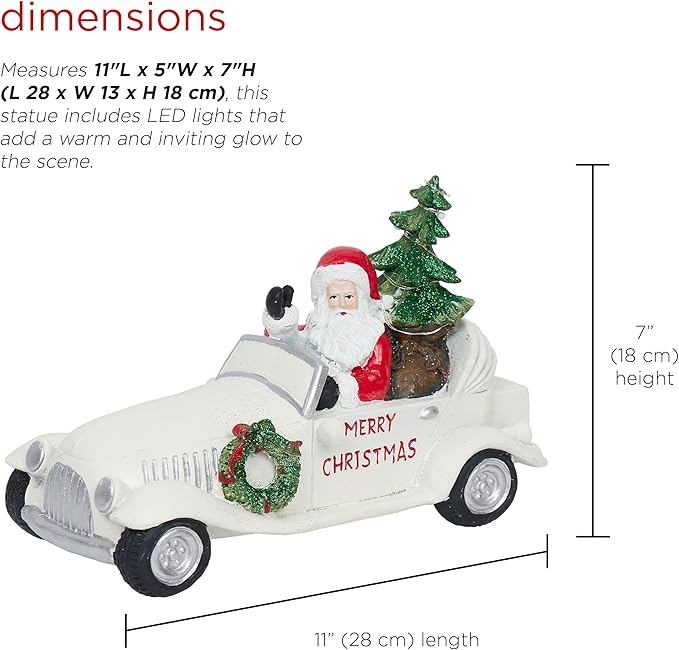 Alpine Corporation 7" Tall Merry Christmas Santa in Vintage White Car Statue with LED Lights, Holiday Decoration for Tabletop, Shelf, Mantel, or Entryway Display