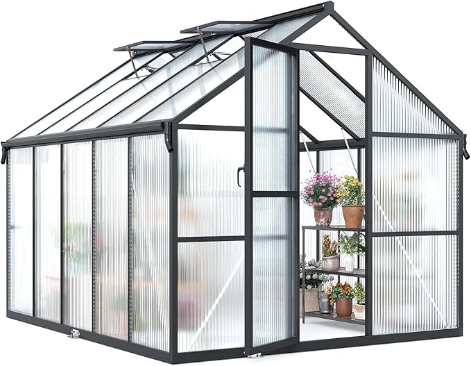 8x10FT Greenhouse for Outdoors, Galvanized Steel Frame Winter Green House w/ Adjustable Roof Vent, Lockable Door Handle &DrainageSystem, Walk-in Greenhouses for Outside Garden Backyard