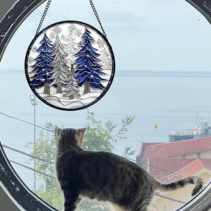 DASTOLL Stained Glass Window Hanging 4 Pcs Set White Winter Christmas Snow Scene 9.8" - Suncatcher Door Garden Sun Catcher Decor Birthday for Mom Woman Nana Men Friend Wife
