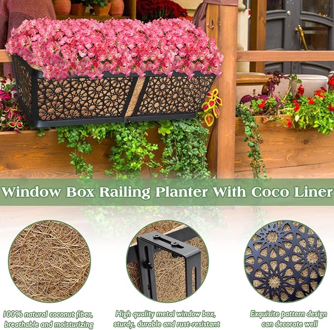 ZeeDix 24 Inch Metal Window Box for Railings, 2 Pack Over Railing Planter Boxes with Coco Liners, Hanging Flower Box Planters for Outdoor Fence Deck Porch Balcony & Patio