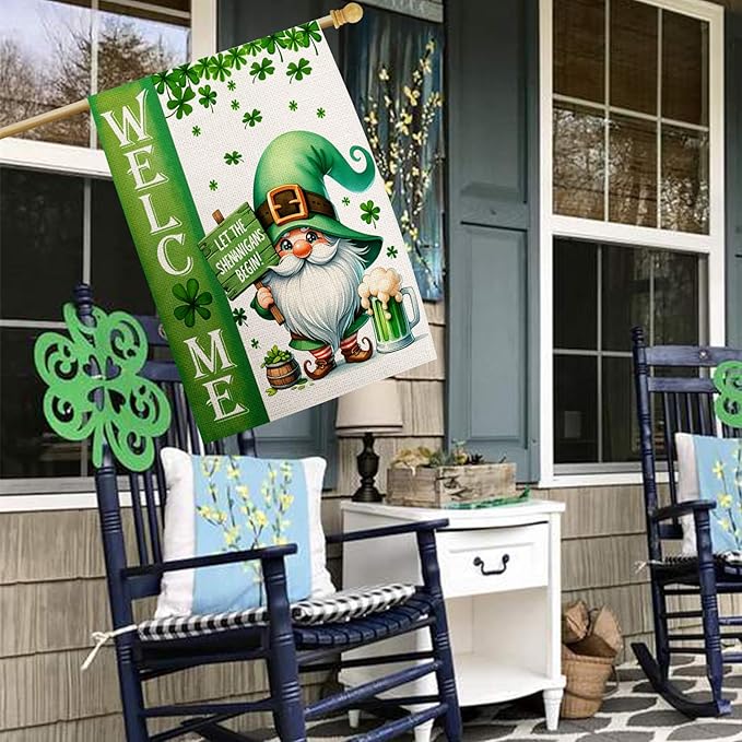 St Patricks Day Welcome House Flag 28x40 Inch Double Sided Gnome Lucky Shamrocks Clovers Large Outside Flag for Yard Outdoor Holiday Decoration