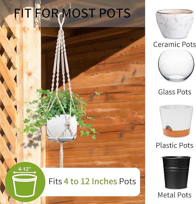 IDEEEPAN Macrame Plant Hanger - Fits 4 to 12 inches Pots for Indoor Outdoor, 44 Inch, 2 Pack, Ivory (POTS NOT Included)
