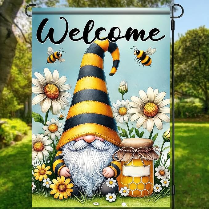 Welcome Spring Garden Flag Daisy Honey Garden Decoration 12x18 Double Sided Garden Outdoor House Spring Yard Flags for Outdoor Lawn and Patio Seasonal Farmhouse Flag