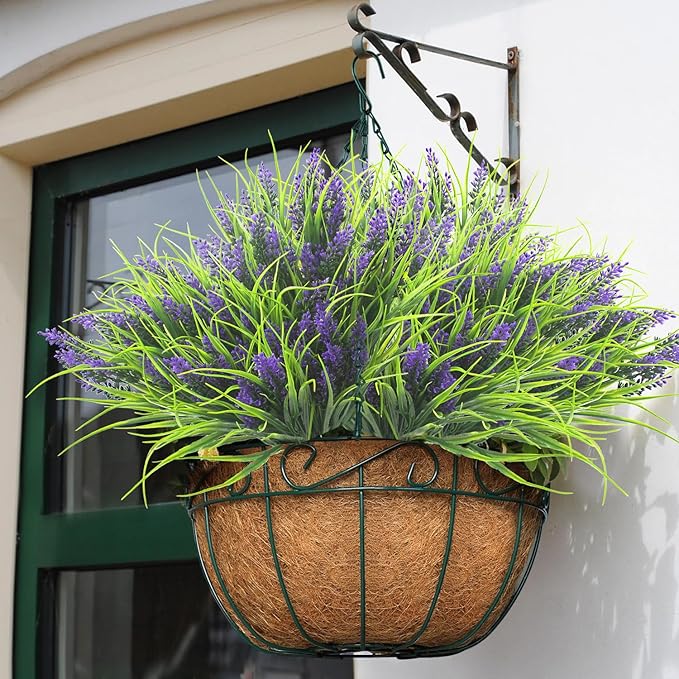Grunyia 20 Bundles Artificial Plants Outdoor Fake Monkey Grass with Flowers (Purple)