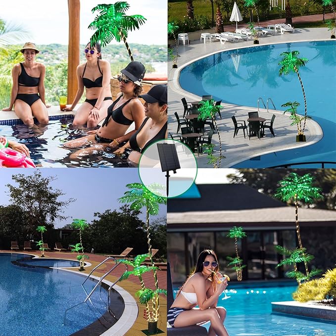 SOSHOT 7FT Solar Lighted Palm Trees for Outside Patio Light Up 260 LED Artificial Fake Tree Lights for Pool Bar Tropical Party Deck Outdoor Decorations