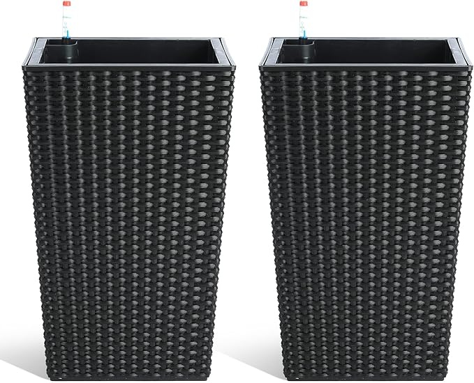 16" Tall Rattan Planter Set of 2, Self Watering Pots with Built-in Drainage and Water Level Gauge, Large Plant Pots for Garden, Patio, Balcony, Lounge, Black