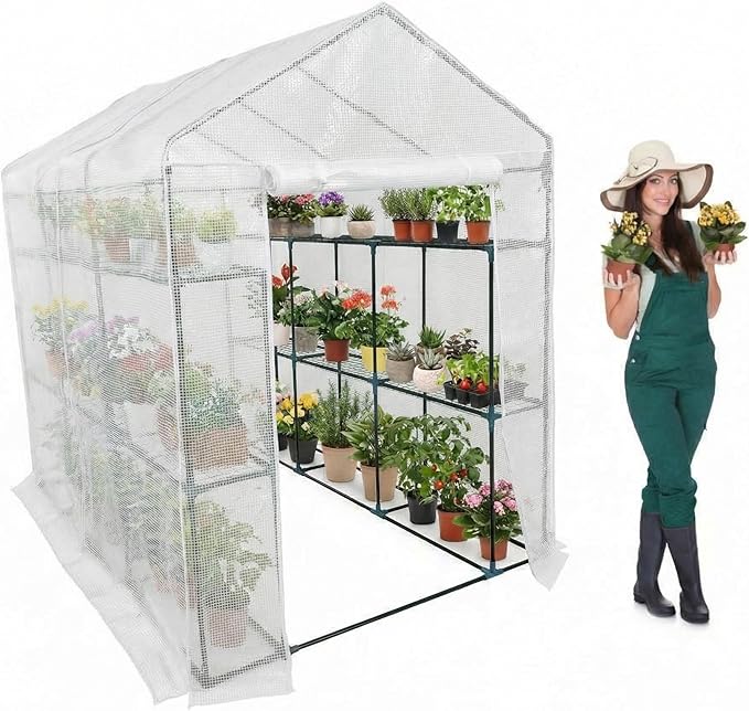 Walk-in Greenhouse for Outdoors, Small Green House Outdoor with 3-Tier Shelves, Roll-Up Zippered Door & Mesh Window, All-Season Plant House for Vegetables Herbs Flowers for Patio Backyard Gardening