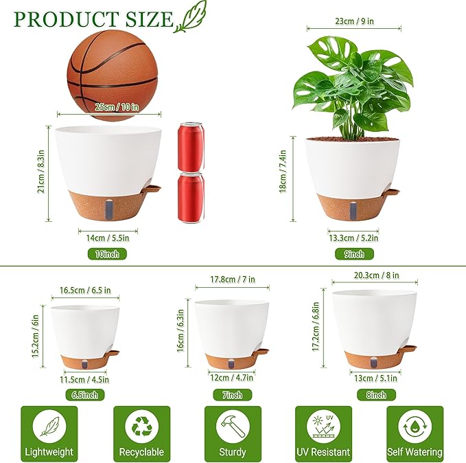 Fielda Self Watering Pots for Inoor Ourdoor Plants 10/9/8/7/6.5 Inch Plastic Planters with Drainage Holes & Water Level Indicator, Decorative House Flower Nursery Planting Pots with Saucers ((White)