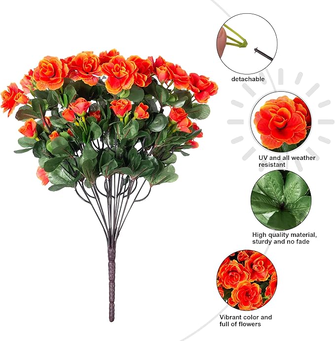 Artificial Faux Flowers Plants for Spring Outdoor Outside Decor, Fake Silk Orange Camellia UV Resistant Look Real for Autumn Planter Porch Patio Balcony Garden Yard Decoration, 3 Large Bundles