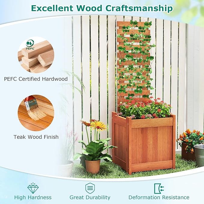 Giantex Wood Raised Garden Bed with Trellis, Outdoor Planter Box w/Open-Ended Base for Vines Flowers Vegetables, Herbs, Freestanding Plant Container Privacy Planters for Patio, Backyard