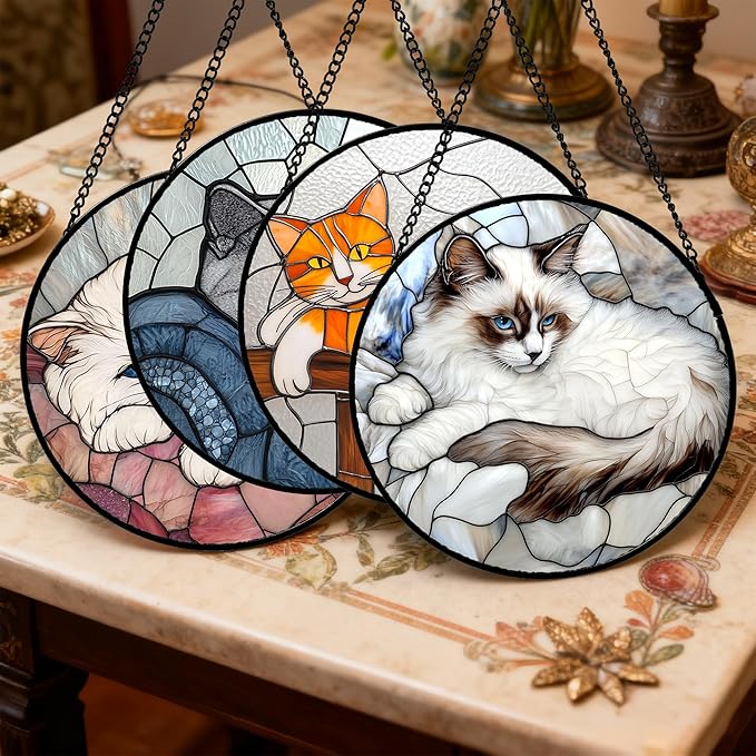 AMDERVEN Stained Glass Window Hanging 4 Pcs Set Cute Cat 9.8" - Suncatcher Door Garden Sun Catcher Decor Birthday Mother's Day Christmas Comfort Gifts for Lost Pet Woman Nana Mom Men Friend