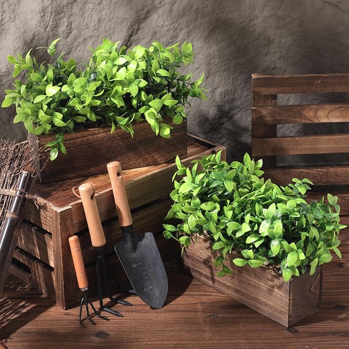 Lyrow 2 Pack Artificial Eucalyptus Plant in Rectangular Rustic Wooden Planter Box Faux Potted Herb Plant Table Centerpiece for Kitchen Windowsill Shelf Decor (Brown,11.4 '')