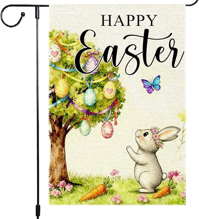 Happy Easter Garden Flag 12x18 Inch Double Sided Burlap Easter Watercolor Egg Tree Bunny Carrots Butterfly Outdoor Decor for Yard Patio Spring Easter Decor