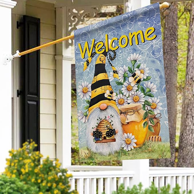 Furiaz Welcome Spring Honey Bumble Bee Gnome House Flag, Summer Yard Home Decorative Outdoor Decoration, Daisy Flower Burlap Lawn Outside Large Decor Double Sided 28x40