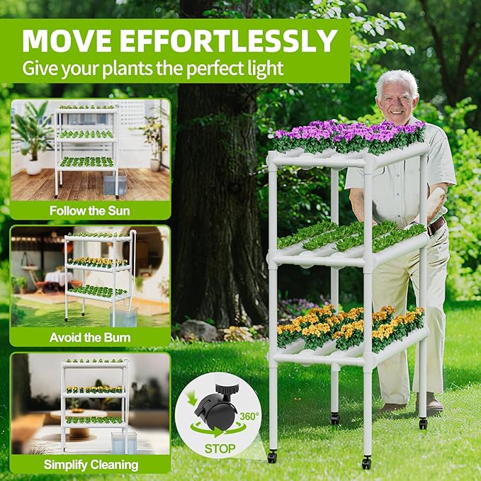 SPECILITE Hydroponics Growing System with Wheels, 3-Tier 108 Plant Sites Food-Grade PVC-U Pipes Gardening kit for Leafy Vegetables, Lettuce, Herbs, Water Pump, Indoor, Outdoor