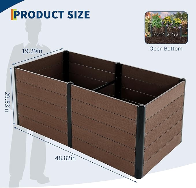 GarveeLife 48" x 25"x 29" Wood Look Raised Garden Bed Without Bottom, Outdoor Planter Box for Vegetables & Herbs, Durable Composite Deep Root Bed for Vegetables, Flowers in Backyard, Patio