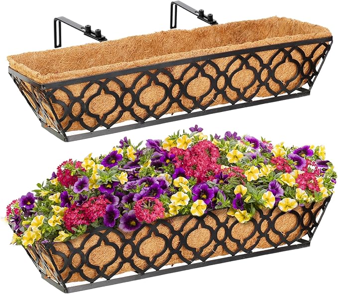 Y&M 24" Window Boxes Horse Trough with Coconut Coir Liner, 2pcs 24 Inch Window Deck with Coco Liner, Black Metal Hanging Flower Planter Window Basket Deck Railing Planter Boxes for Outdoor Indoor Lawn