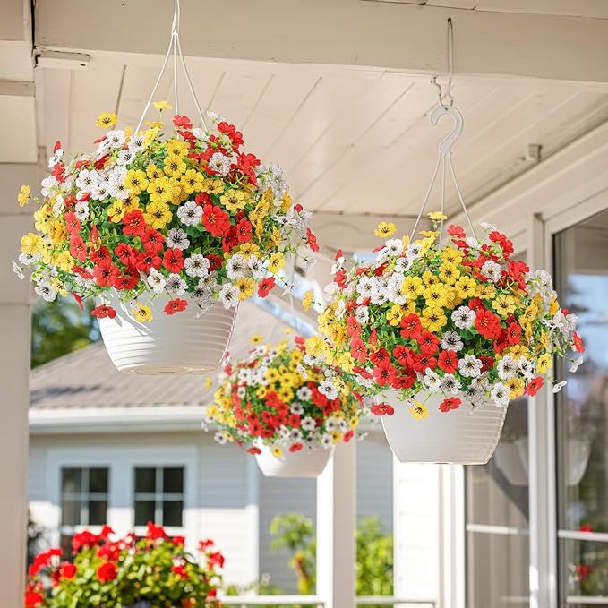 Artificial Spring Flowers Outdoors Faux Plants UV Resistant Plastic Flowers Outdoors Fake Greenery Plants Outside for Garden Porch Planters Silk Flowers Daisy Decor, 12 Bundles (Mix White Yellow Red)