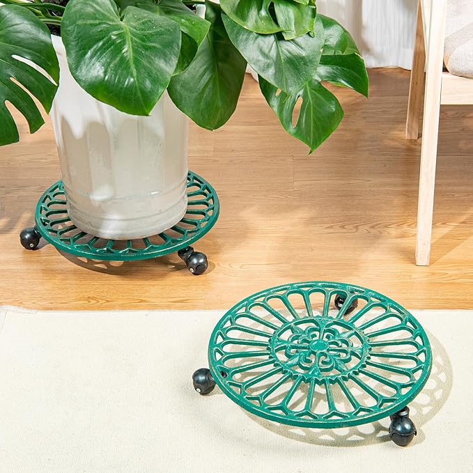 Sungmor Cast Iron Plant Caddy with Wheels, 2PC 14.8" Large & Heavy-duty Rolling Plant Stands, Pretty Garden Pots Tall Planter Dolly, Round Flower Pot Mover Metal Plant Pallet Trolley Tray with Casters