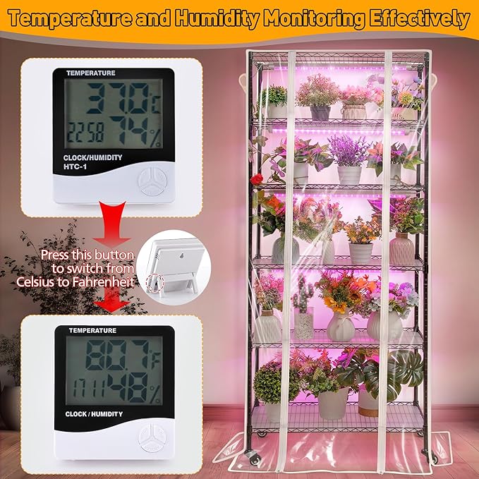 Meonum Plant Shelf with Grow Lights 30" x 13.8" x 70.8", 6 Tier DIY Metal Grow Rack with 90W LED Growing Lamps for Seed Starting, Indoor Greenhouse with Cover, Timer, Thermometer, pH Meter