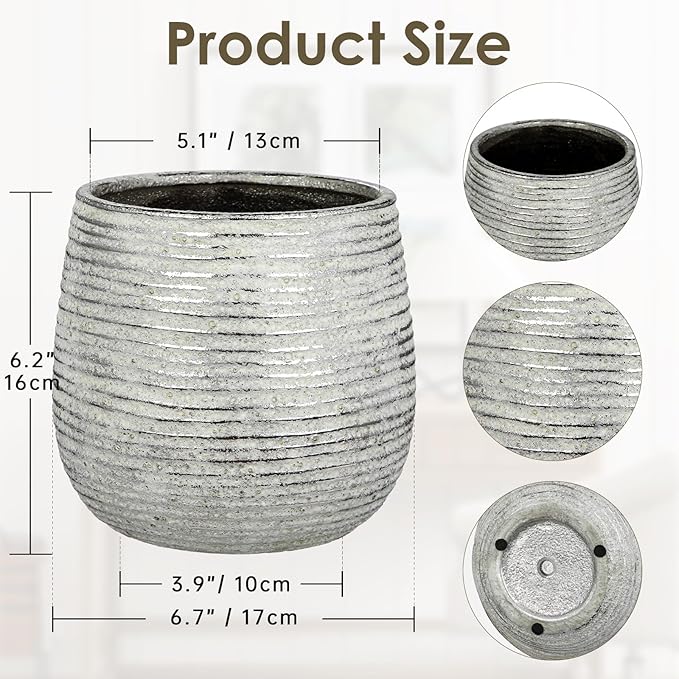 DILATATA Ceramic Pots with Drainage Hole 6.7 Inch Flower Plant Pot Indoor Round Planter Pot for Succulents, Cacti, Cactus, Snake Plants Home Decor - Silver