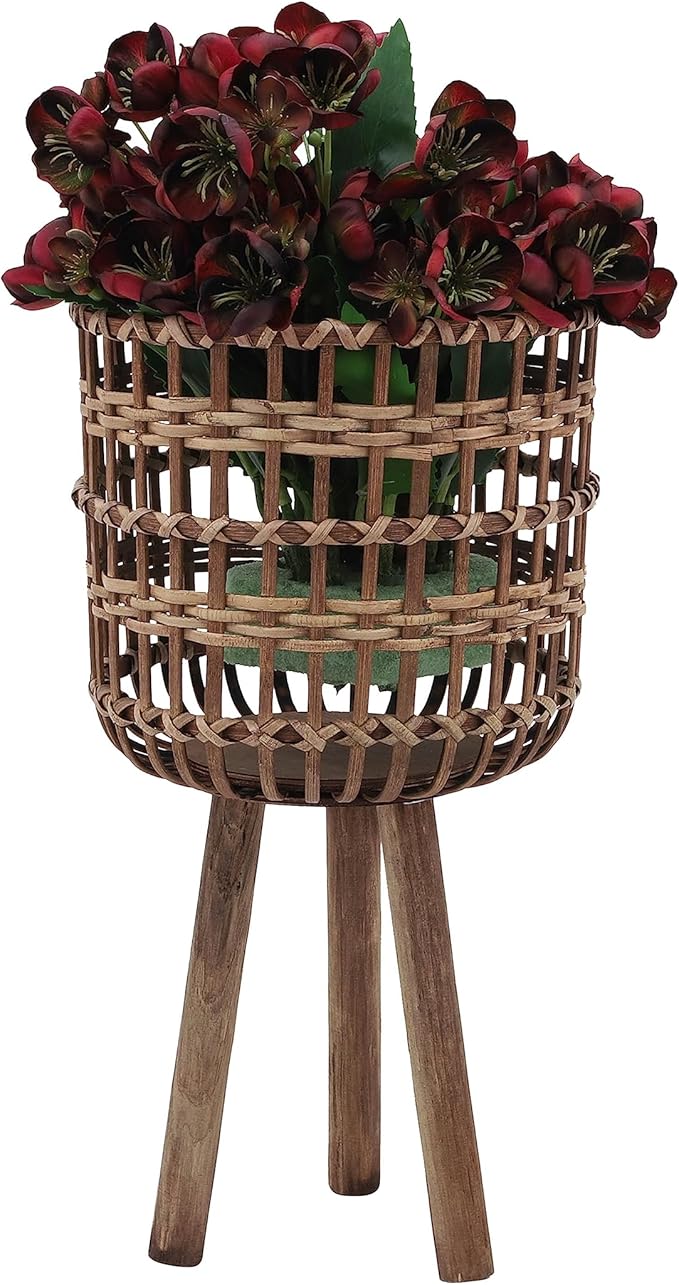 Sagebrook Home Set of 3 Wooden Planter Stands Bamboo Decorative Flower Pots for Indoor Outdoor Use, Rustic Woven Plant Holders with Legs for Home & Garden Decor, 19", 22"& 26" H