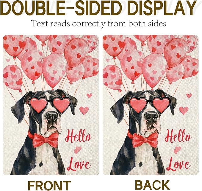 Valentine's Day Great Dane Hello Love Garden Flag, House Yard Plaid Love Heart Outside Decoration, Spring Holiday Wedding Anniversary Outdoor Small Decor 12x18(12628)
