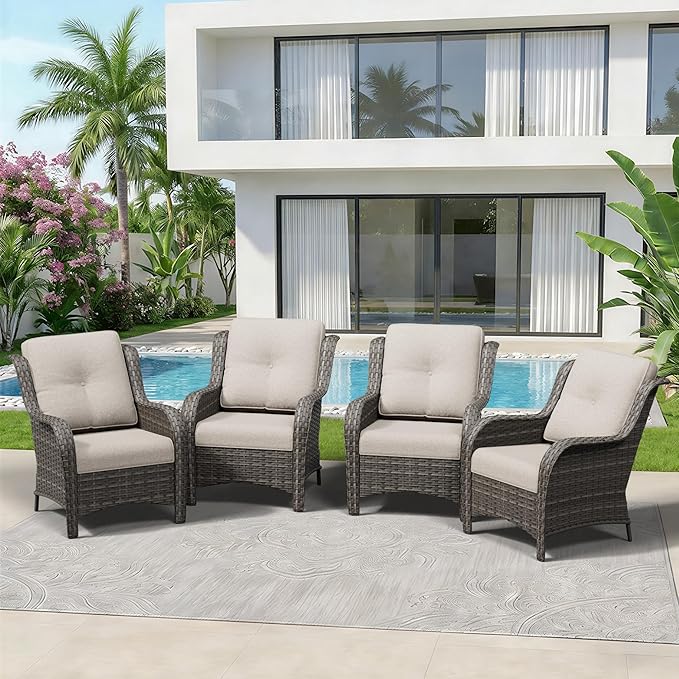 4 Piece Outdoor Wicker Patio Furniture Set, Patio Chairs Set of 4 with Thickened Olefin Cushions, High Back and Deep Seating, Hand-Woven PE Rattan for Porch, Deck, Beige