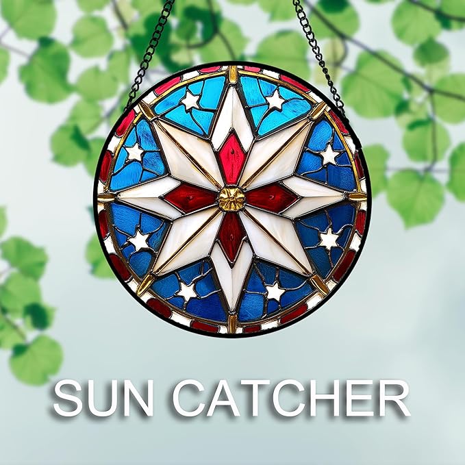AMDERVEN Stained Glass Window Hanging 4 Pcs Set Abstract Flowers in Red White Blue 6.3" - Suncatcher Door Garden Sun Catcher Decor Birthday Mother's Day Xmas Gift for Mom Woman Nana Men Parents