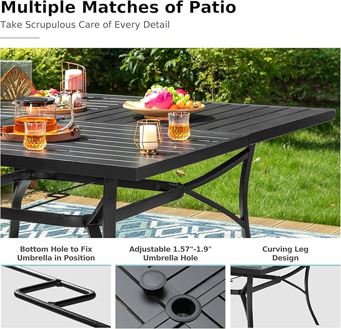 MFSTUDIO Patio Dining Set for 8, Black Metal Patio Table and Chairs Set with Umbrella Hole, 9 Piece Wrought Iron Outdoor Furniture Dining Set for Deck Backyard Garden