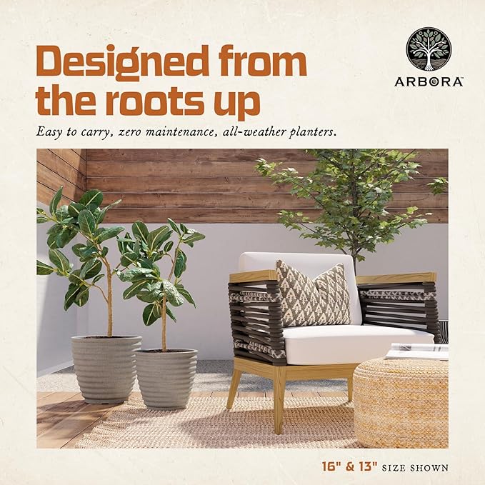 ARBORA 16" Ibiza Polyresin Indoor and Outdoor Planter with Stone Blend Concrete Gray Finish - Durable, Weatherproof, Lightweight, Large Plant Pot for Patio, Garden, Deck, Entryway