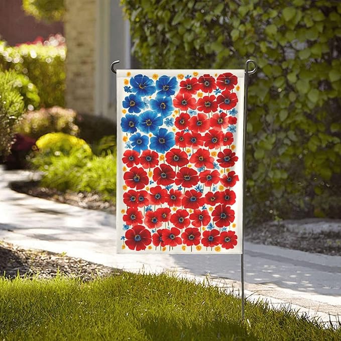 4th of July Flower Garden Flag Independence Day Decorations Vertical Double Sided Outdoor Yard Flags 12.5x18 Inch Burlap Banners for House Lawn
