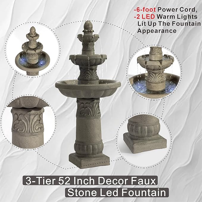 52" H 3-Tier Outdoor LED Garden Fountain, Large Floor Standing Cascading Waterfall with Bubbler Design, Resin Water Feature for Patio Yard Garden, Gray