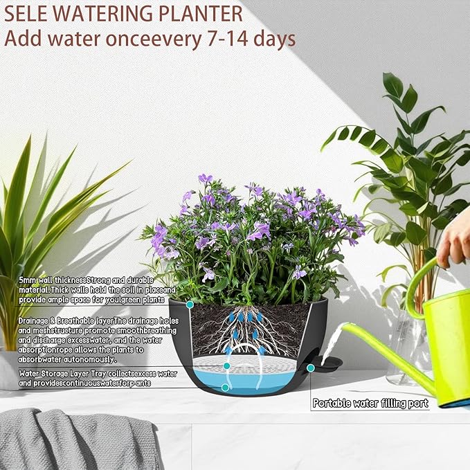 zople 2 Pack 12 Inch Large Hanging Planters with Chains Self Watering Black Plastic Hanging Pots for Indoor Outdoor Plants, Garden Porch Home Decor，Black