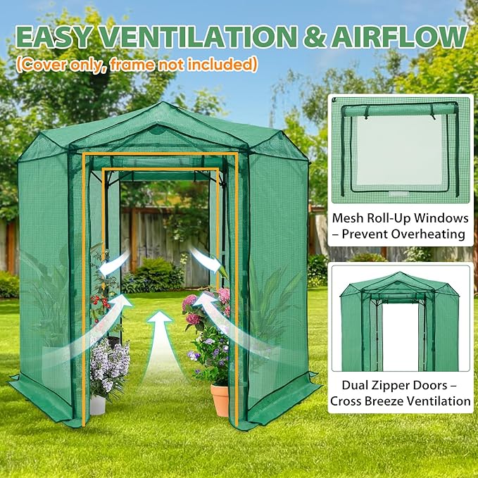 EAGLE PEAK Replacement Cover for 6.6x6.6 ft Hexagon Pop up Greenhouse, Front and Rear Roll-Up Zipper Entry Doors and 2 Roll-Up Side Windows (Frame Not Included), Green