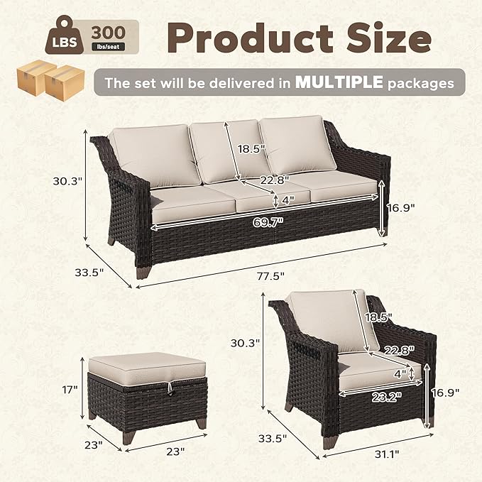 6 Pieces Patio Conversation Furniture Set - 2 Sofas, 2 Armchairs, 2 Ottomans, Outdoor Wicker Furniture with Removable Cushions for Porch, Balcony, Sunroom (Beige)
