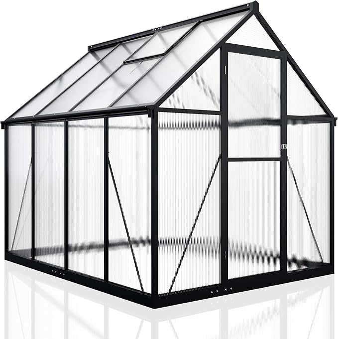 WKM 5.8x7.3 FT Greenhouse for Outdoors, Quick-fit Structure Polycarbonate Greenhouse with Window for Ventilation, Walk-in Aluminum Green House for Outside Garden Backyard, Black