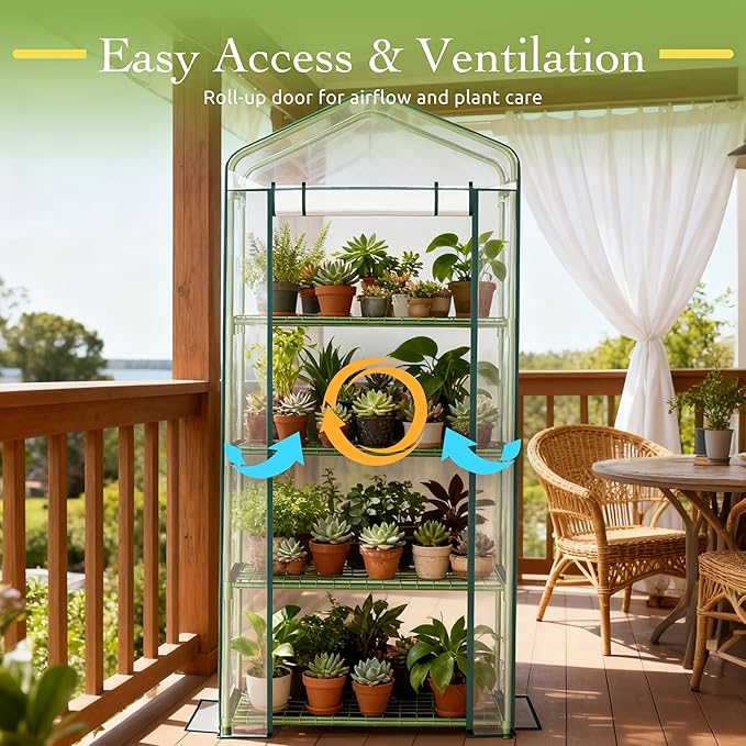 Mini Greenhouse for Outdoor Indoor, 4 Tier Shelves Small Green House for Winter, Portable Greenhouses with PE-Coated Metal Frame Heavy Duty PVC Cover, Plant Rack Stand House 2.3x1.6x5.2ft