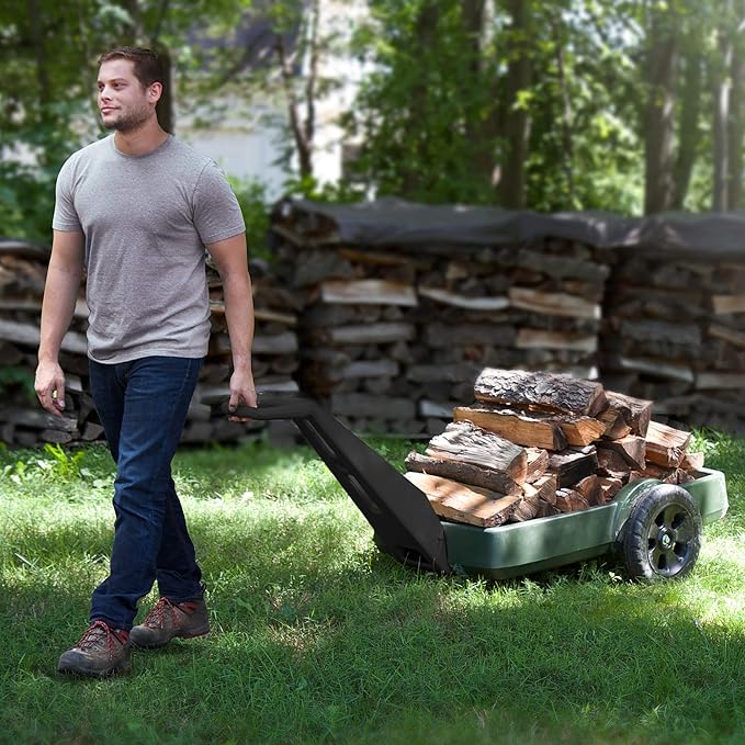 Simplay3 Yard and Garden Outdoor Cart - Long Handle Easy Turn 2 Wheel Heavy Duty Plastic Pull Cart for The Backyard 42 in. x 20 in. x 4 in. Bed, Green