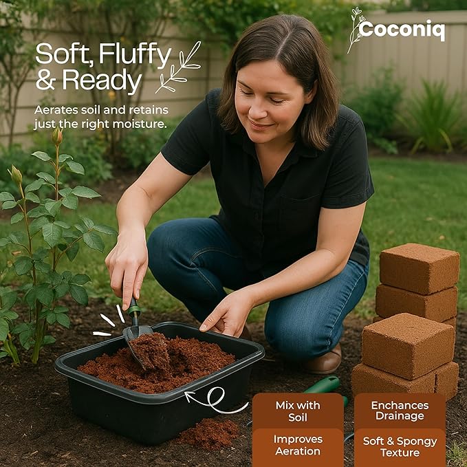 COCONIQ Premium Coco Coir Bricks 4 Pack - Lightweight Cocopeat for Garden Soil, Compressed Coconut Fiber Brick for Potting, Gardening, Planting, Seed Starting, Indoor & Outdoor Plants, Set of 4