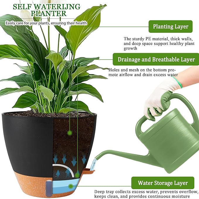 Fielda 2 Pack 10 inch Plant Pots, Plastic Self Watering Planters with Drainage Holes, Deep Reservoir, Water Level Indicator, Modern Decorative Flower Pots for Indoor Outdoor Plants (Black, 10 inch)