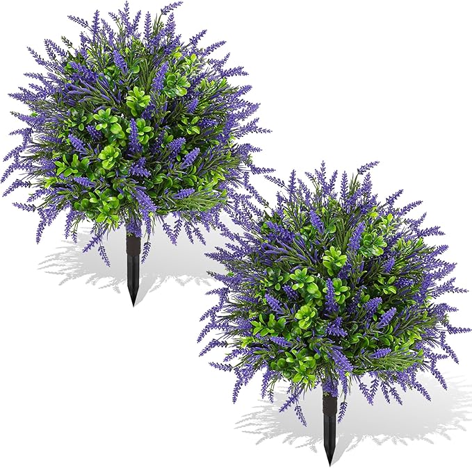 ENVEN Artificial Topiary Lavender Ball Tree Outdoor Plants with Ground Spike 22"- UV Resistant Faux Shrubs, Eucalyptus Fake Plants for Indoor & Garden, Yard, Porch, Patio Decor