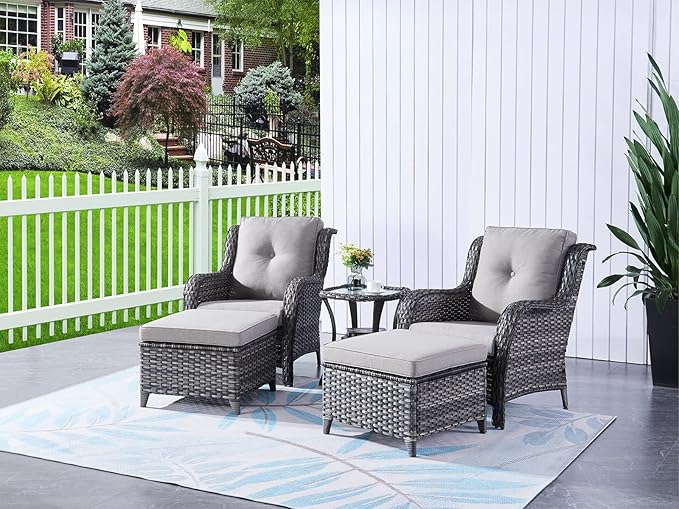 HUMMUH 5 Pieces Patio Bistro Set Wicker Patio Chairs Set of 2 with Ottomans and Side Table Rattan Outdoor Furniture Conversation Set for Yard,Garden,Porch…