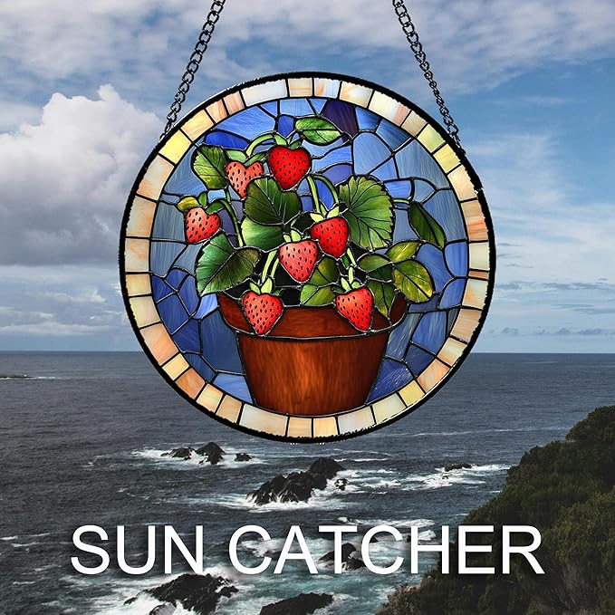 Stained Glass Window Hanging Red Strawberry Potted Plants Large 15" - Suncatcher Door Garden Sun Catcher Fall Home Decor Birthday Christmas for Mom Men Woman Nana Friend