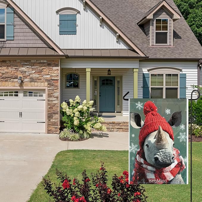 Rhino with Red Scarf and Hat Snowflake Christmas Garden Flag, 28x40 Inch Double Sided Linen Holiday Red Winter Farmhouse Yard Outdoor Decoration (4338)