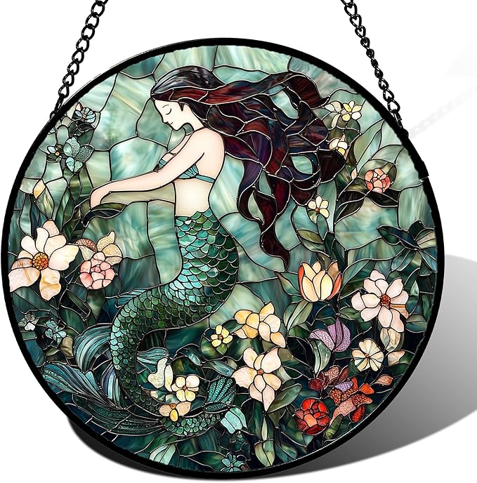 JOSUMALY Stained Glass Window Hanging - Teal Sleeping Mermaid Suncatcher for Door Terrace Garden Home Decor, Sea of Flowers Sun Catcher Birthday Gifts for Lovers Women Men Dad Mom Nana 7.8 in