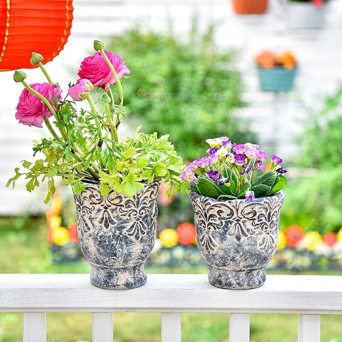 Sungmor 6.1 Inch Cement Plant Pot for Plants, Succulent Planter with Embossed Design, Vintage Concrete Flowerpots with Drainage Hole, Decorative Orchid Houseplant Pot Indoor Outdoor Plant Container