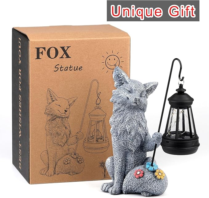 Fox Statue for Garden Decor, Garden Statue with Solar Power Light for Outdoor Patio Porch Lawn Yard Backyard Oudside Indoor Shelf Decoration,Praying Fox Sculptures Gifts for Mom Grandma