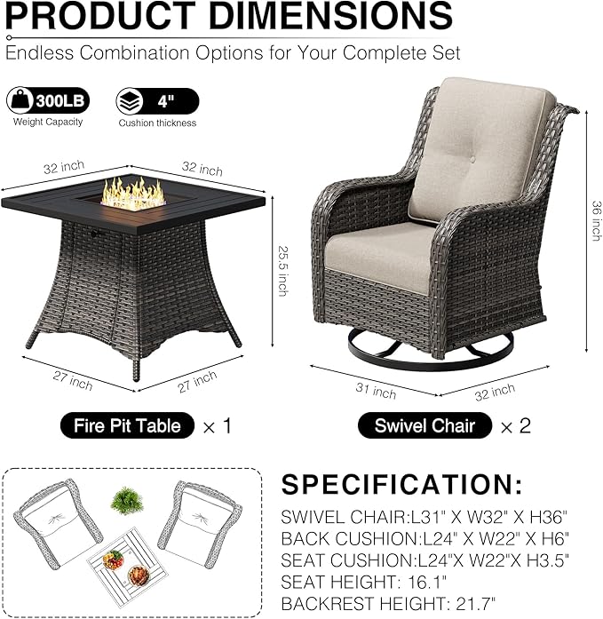 Joyside 3 Piece Wicker Patio Furniture Set with Fire Pit Table, Outdoor Swivel Rocker Patio Chairs with High Back, Deep Seating, Wide Armrest, Thickened Cushions, Outdoor Furniture for Deck, Porch Use